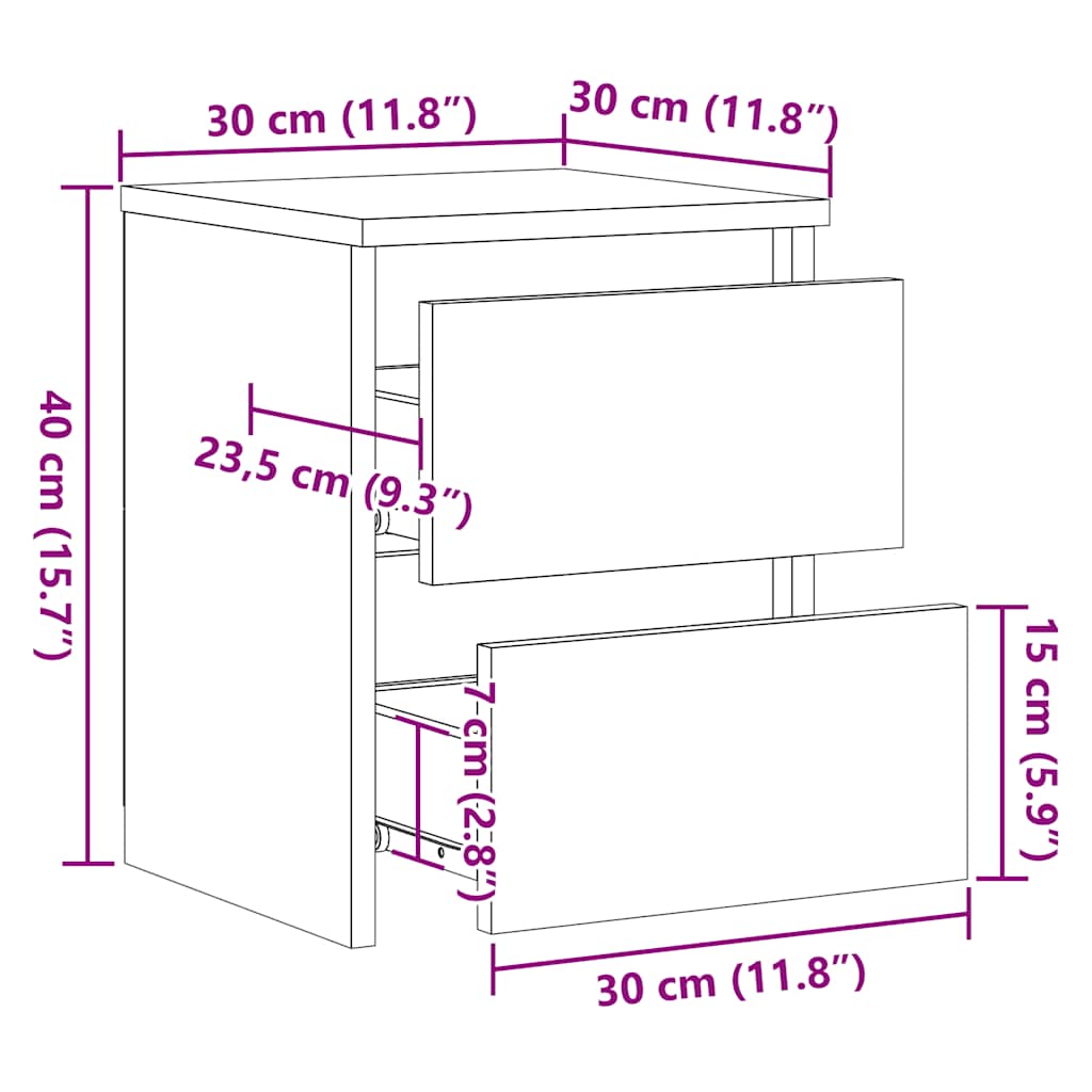 Nachtkastjes 2 st 30x30x40 cm bewerkt hout zwart