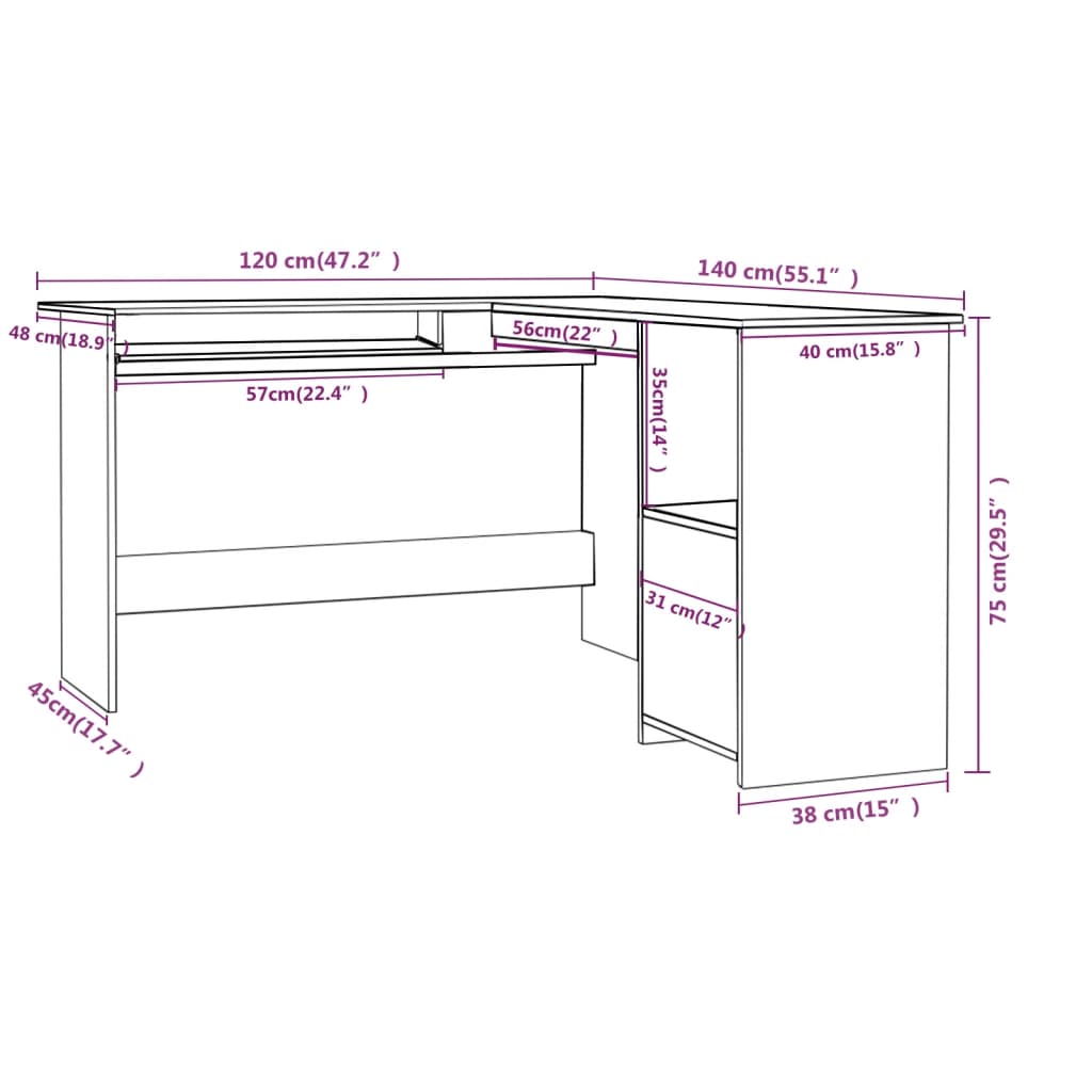 Hoekbureau L-vormig 120x140x75 cm bewerkt hout betongrijs