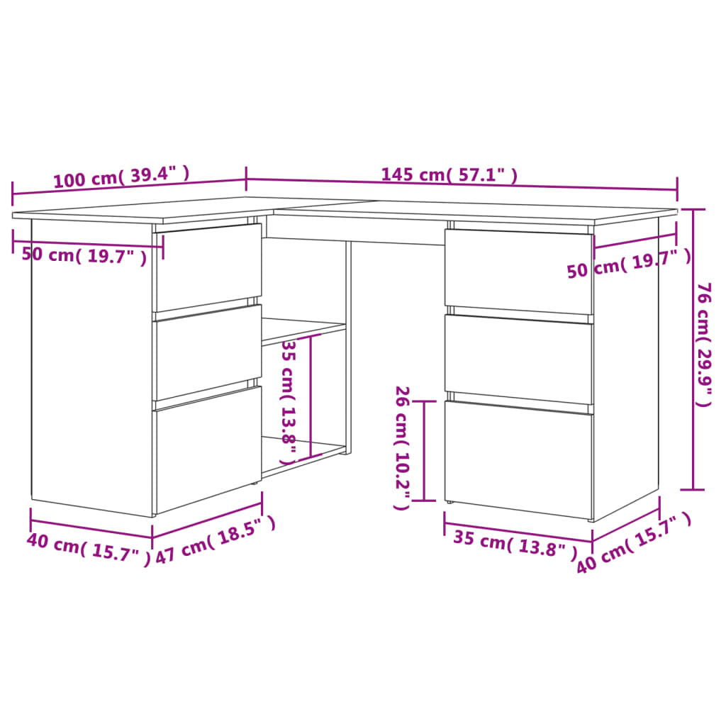 Hoekbureau 145x100x76 cm bewerkt hout wit