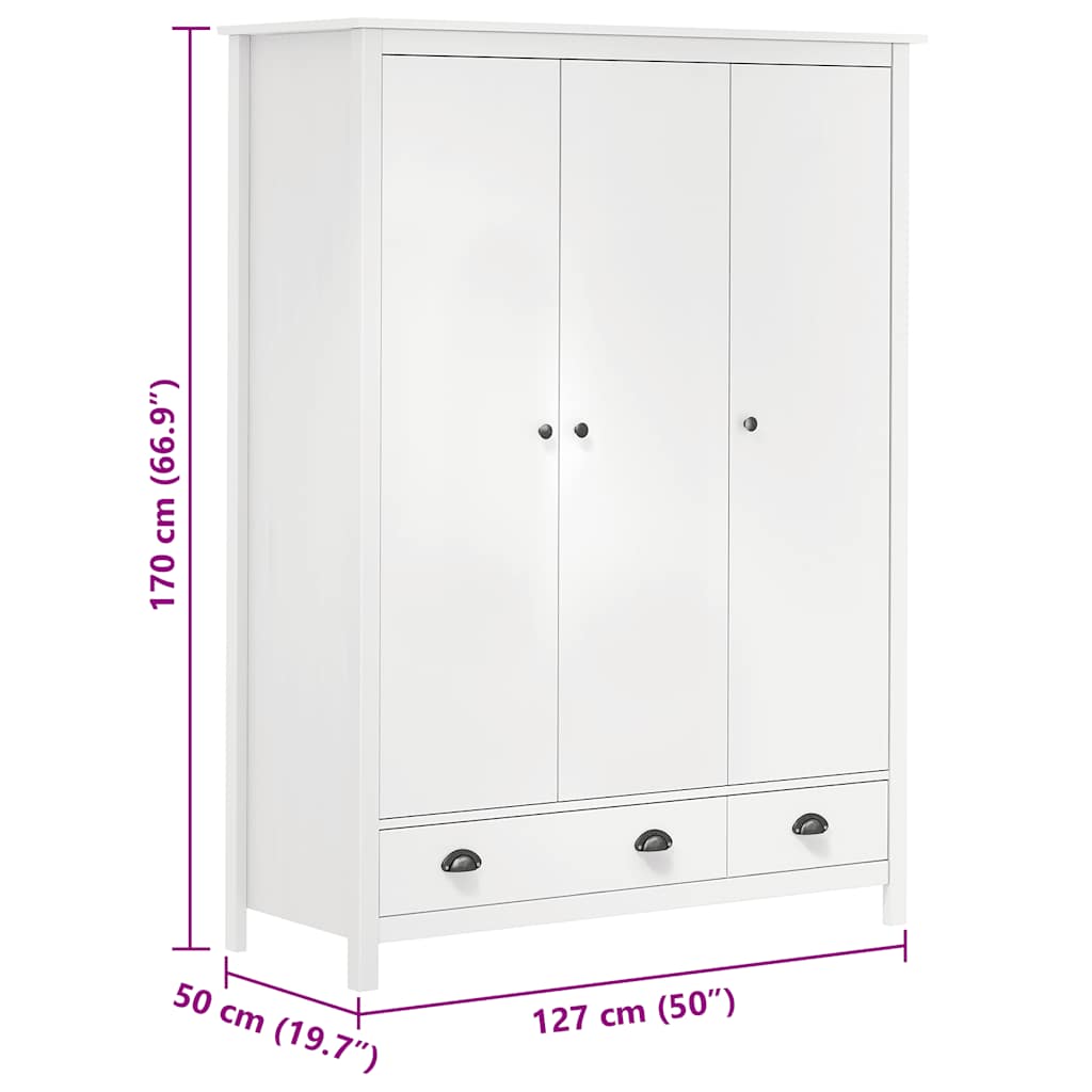 Kledingkast Hill 3 deuren 127x50x170 cm massief grenenhout wit