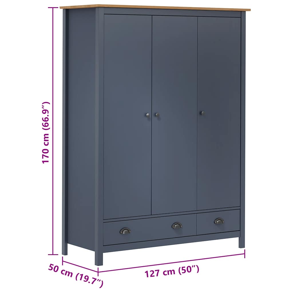 Kledingkast Hill 3 deuren 127x50x170 cm grenenhout grijs