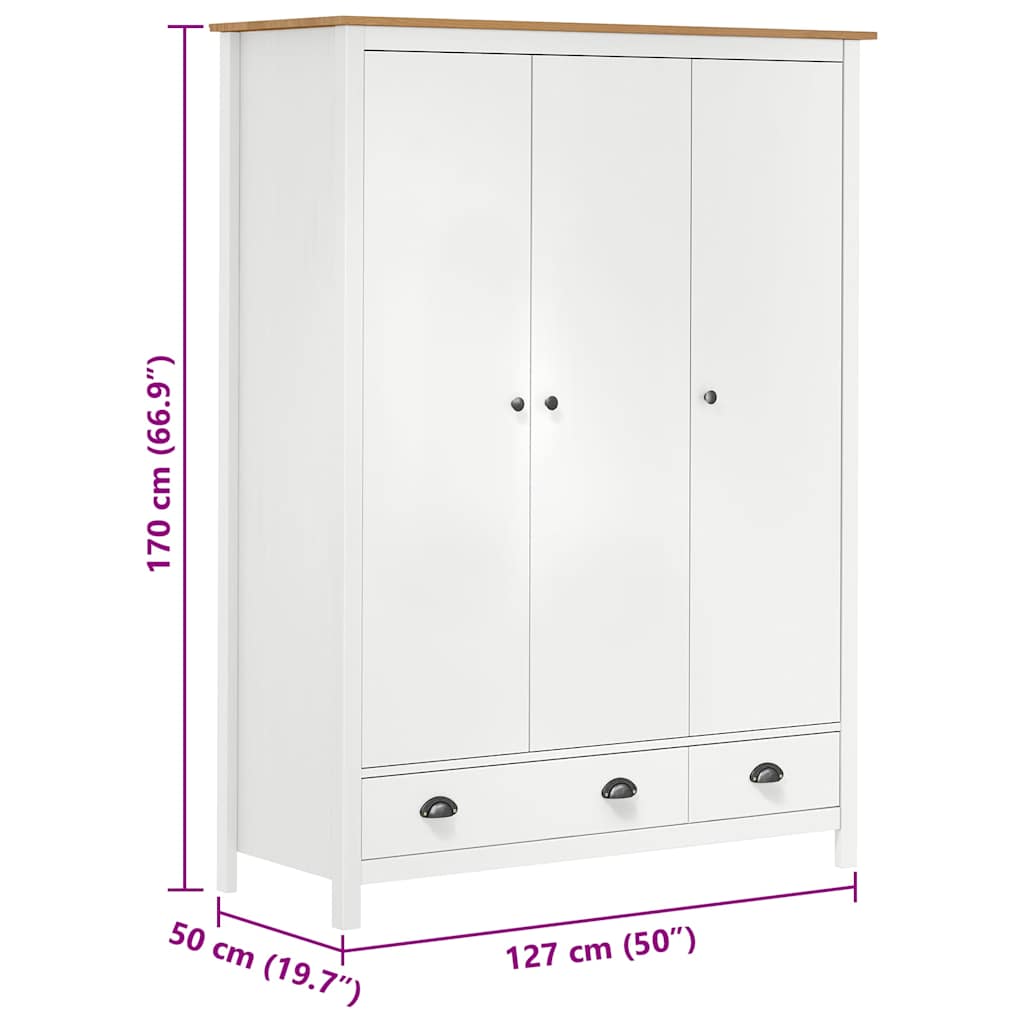 Kledingkast Hill 3 deuren 127x50x170 cm massief grenenhout wit