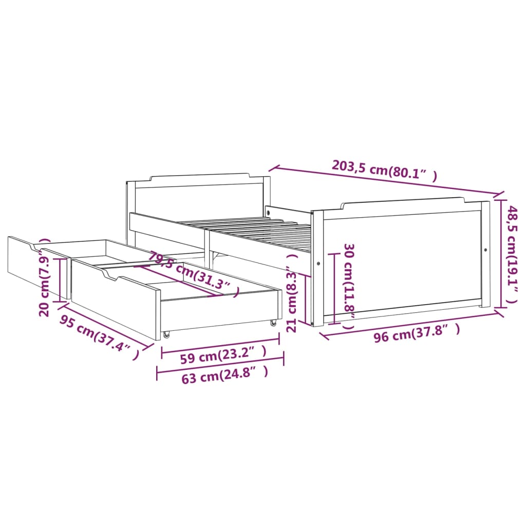 Bedframe met lades massief grenenhout donkergrijs 90x200 cm