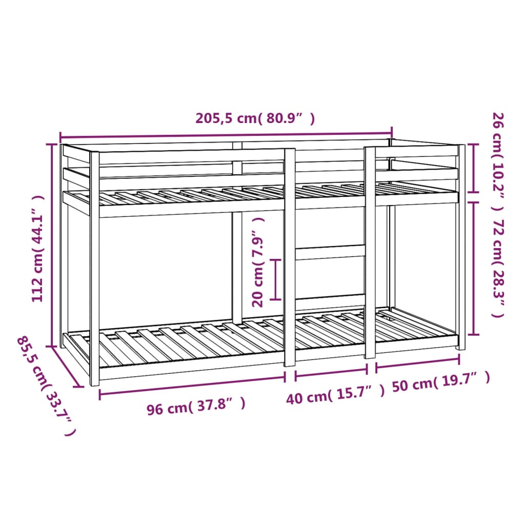 Stapelbed 80x200 cm massief groenhout wit