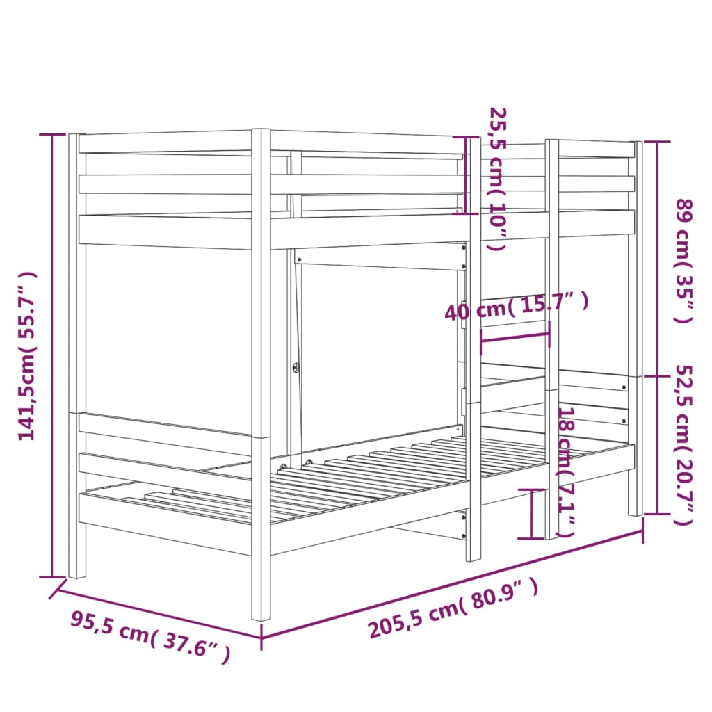 Stapelbed massief groenhout wit 90x200 cm