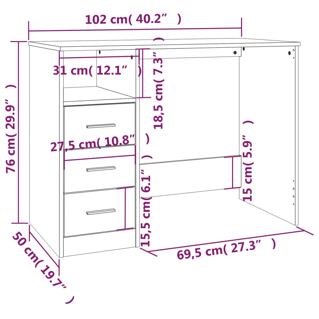 Bureau met lades 102x50x76 cm bewerkt hout wit
