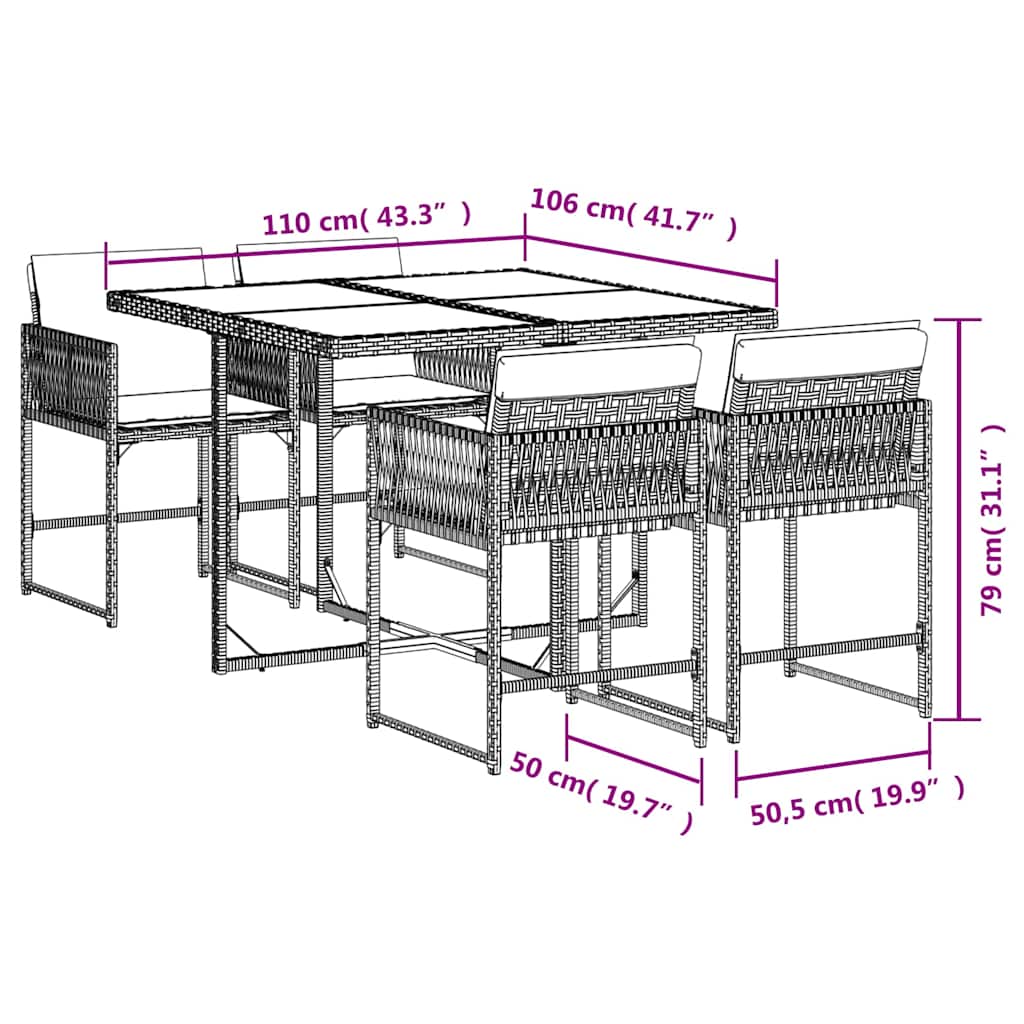 5-delige Tuinset met kussens poly rattan zwart
