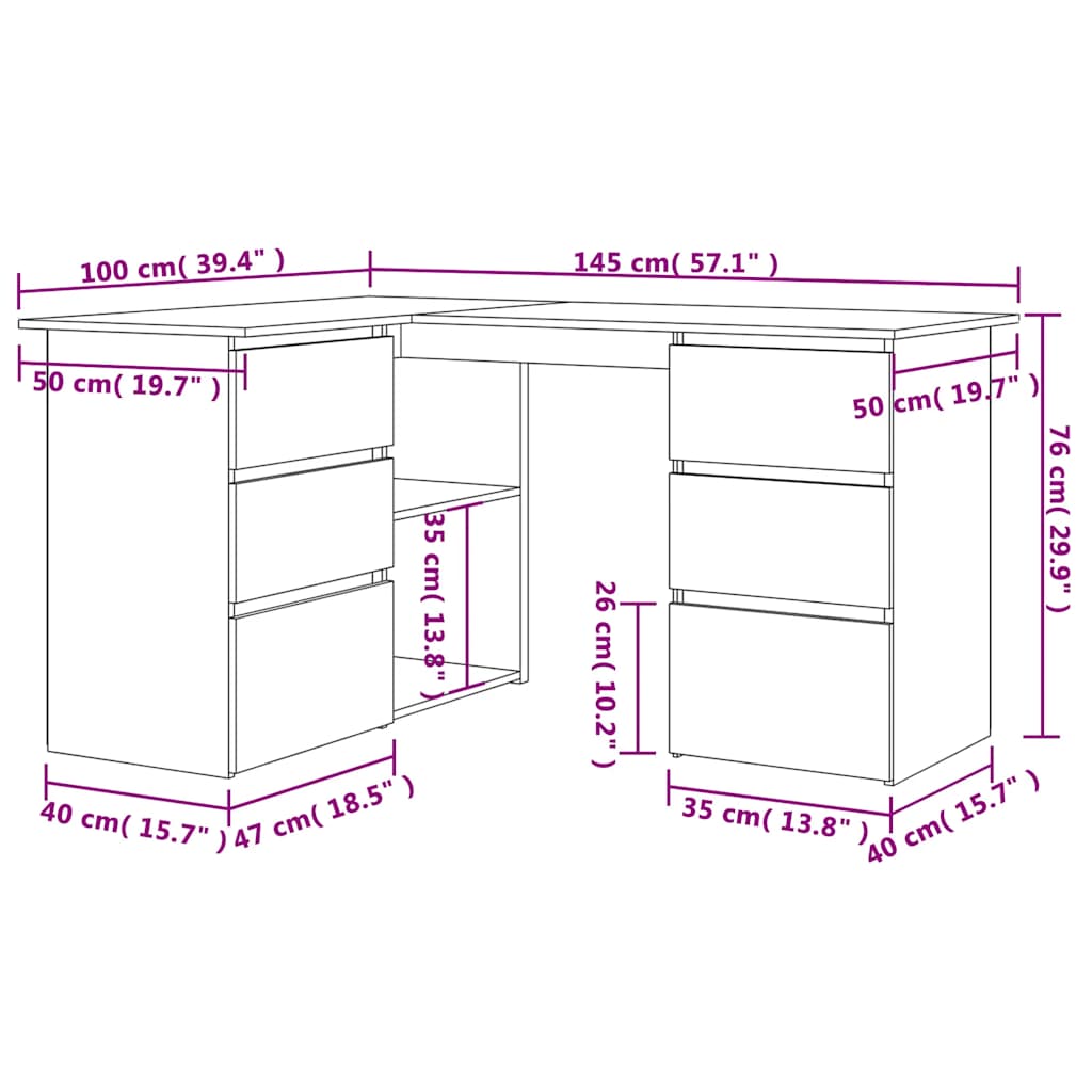 Hoekbureau 145x100x76 cm bewerkt hout ambachtelijk eikenkleur