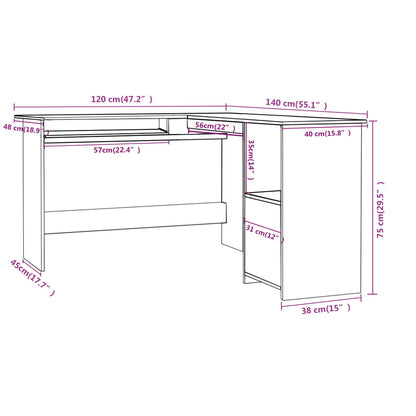 Hoekbureau L-vormig 120x140x75 cm bewerkt hout zwart