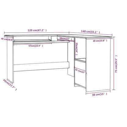Hoekbureau L-vormig 120x140x75 cm bewerkt hout betongrijs