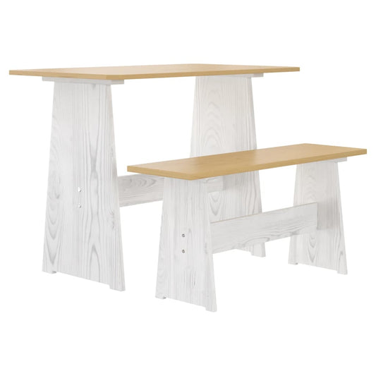 Eettafel met bankje REINE massief groenhout honingbruin en wit