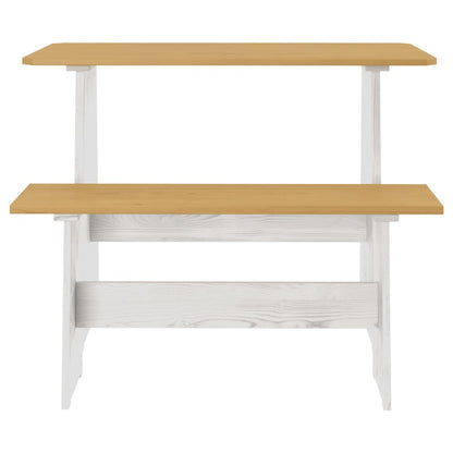 Eettafel met bankje REINE massief groenhout honingbruin en wit